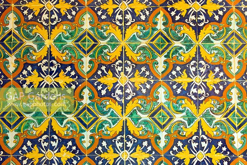 Décoration de carreaux Azulejos dans les jardins du Real Alcazar, Séville, Andalousie, Espagne
