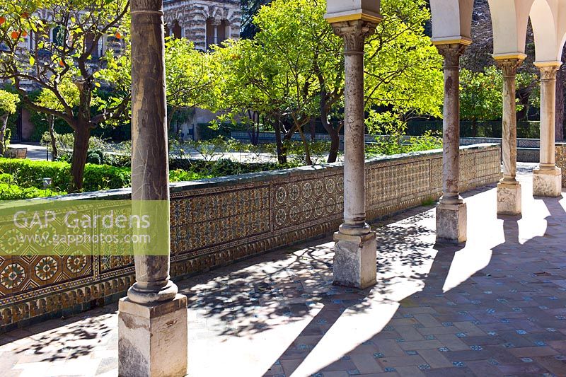 Le pavillon de Carlos V.Murs décorés de carreaux Azulejos donnant sur le jardin de la demeure avec des orangers de Séville - Citrus aurantium au Real Alcazar, Séville, Andalousie, Espagne