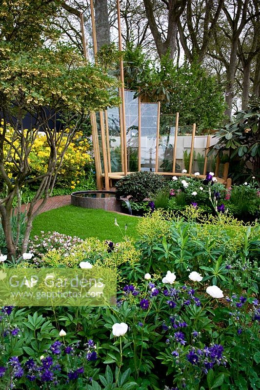 Chelsea Flower Show 2013 - Médaillé d'or du centenaire - Les lignes courbes et les formes des feuilles répondent aux éléments du parc olympique un mur de verre Euphorbia x pasteurii Paeonia Shirley Temple