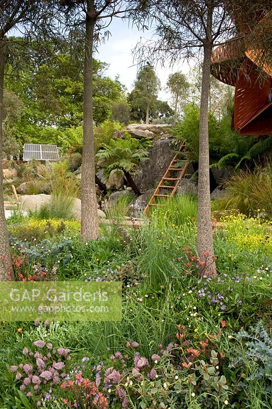 Trailfinders Australian Garden, Chelsea Flower Show 2013. Plantation indigène avec immeuble de studios perché sur les falaises et la cascade.