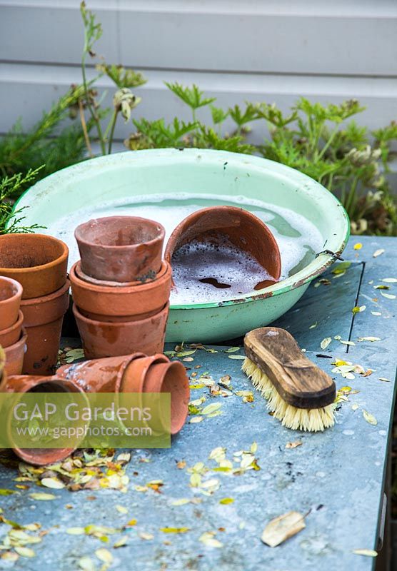 Brosse, bol d'eau bouillonnante et collection de pots en terre cuite sales prêts pour le nettoyage