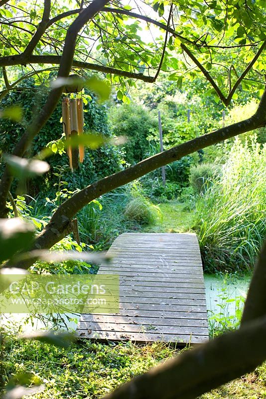 Chemin menant sur un pont en bois, étang dans le jardin avec bambou et carillons éoliens dans l'arbre