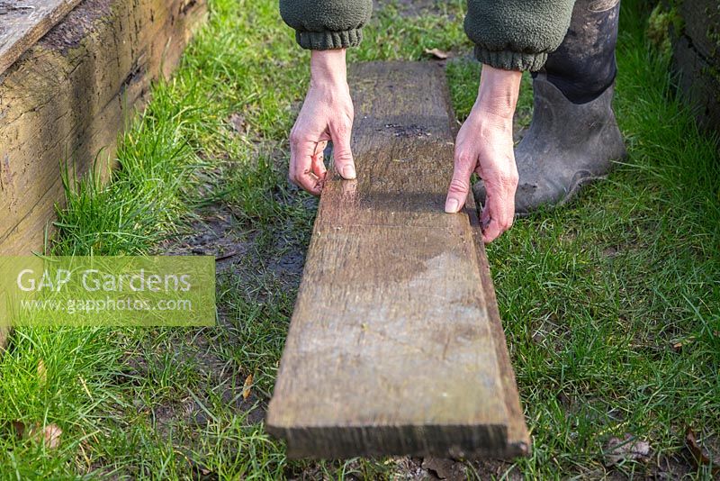 Pose d'une planche pour traverser une pelouse détrempée, empêchant les dommages à la pelouse.