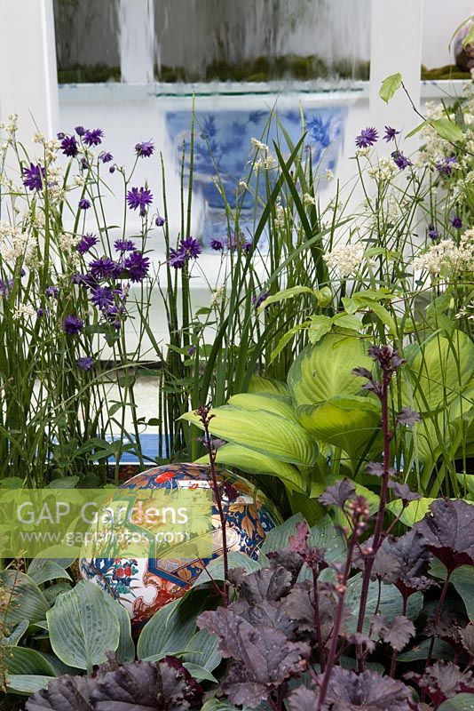 Sphère en porcelaine japonaise avec hosta et Aquilegia 'Blue Barlow' avec bol imari en arrière-plan encadré par une pièce d'eau. Arita, RHS Chelsea Flower Show 2014.