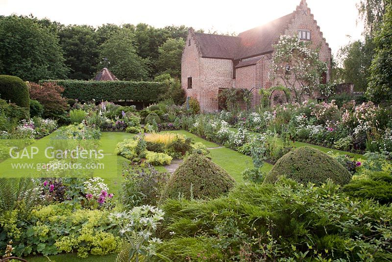 Jardin submergé formel en été avec Alchemilla mollis Geranium Rosa Papaver Feverfew coupée topiaire et Eryngium. Chenies Manor, Buckinghamshire