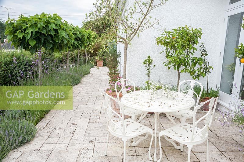 Une terrasse de travertin blanc entoure la maison de pots contenant des agrumes, des olives et du Prostanthera sieberi, de la menthe australienne, ajoutant à une atmosphère méditerranéenne. Parc-Lamp, Ruan Lanihorne, Truro, Cornwall, UK