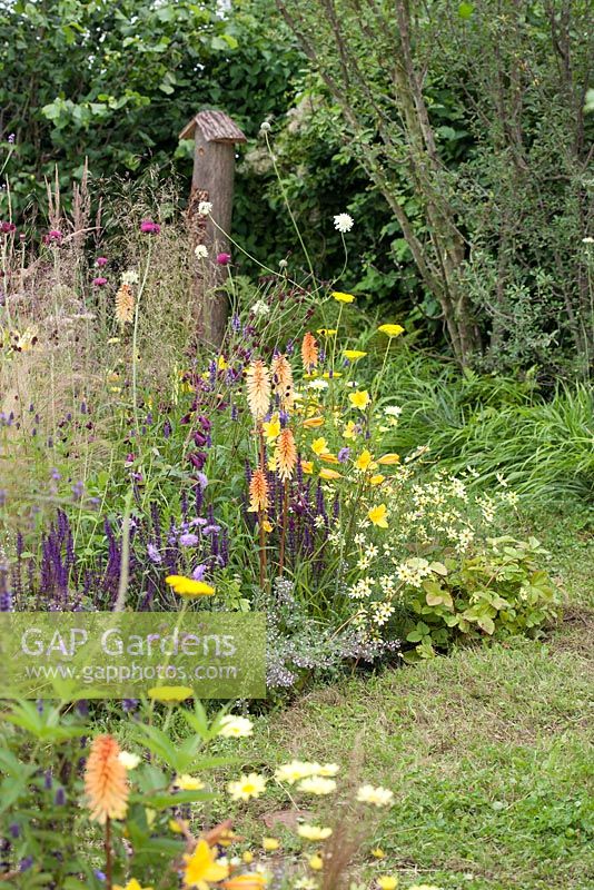 Jordans Wildlife Garden, plantation naturaliste densément plantée de kniphofia, veronica et verbascum. Designer: Selina Botham - Parrain: Jordans Cereals