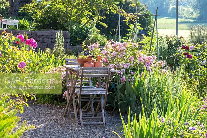 Jardin de campagne avec mobilier de jardin en bois sur aire de repos gravillonnée de roses