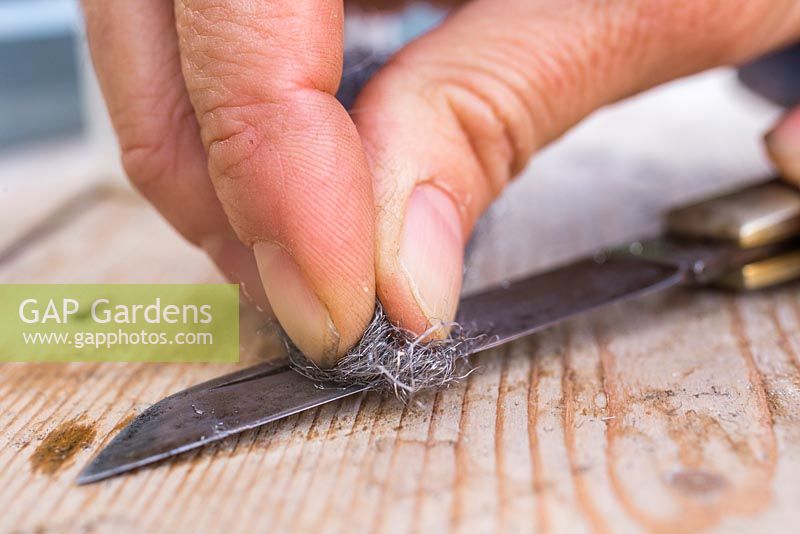 Utiliser de la laine de fer et de l'huile pour nettoyer la rouille ou la saleté de la lame. Entretien du couteau de jardin