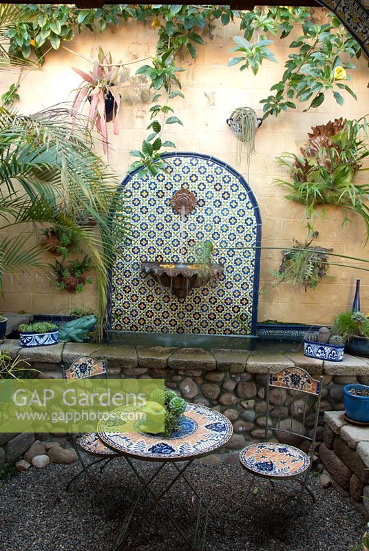 Coin salon avec eau carrelée et plantes succulentes en pot. San Diego, Californie