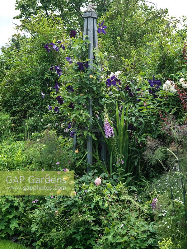 Un parterre de roses et de vivaces d'été autour d'un obélisque supportant des clématites.