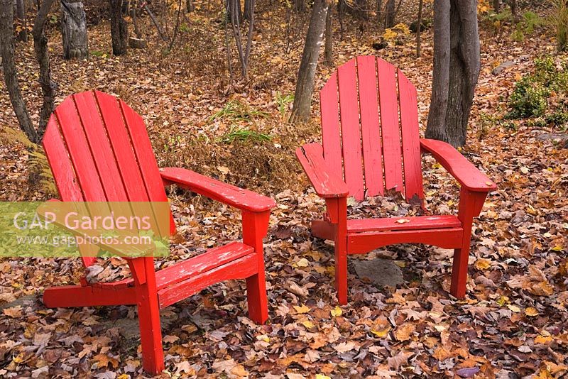 Deux vieilles chaises adirondacks en bois peint en rouge dans une forêt d'arbres à feuilles caduques d'Acer. Laurentides, Québec, Canada