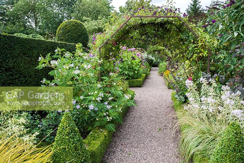 La longue promenade avec des plates-bandes bordant des parterres contenant du phlox, Solanum sisymbriifolium, des dahlias et des asters avec des arcs supportant des clématites. Wollerton Old Hall, nr Market Drayton, Shropshire, Royaume-Uni