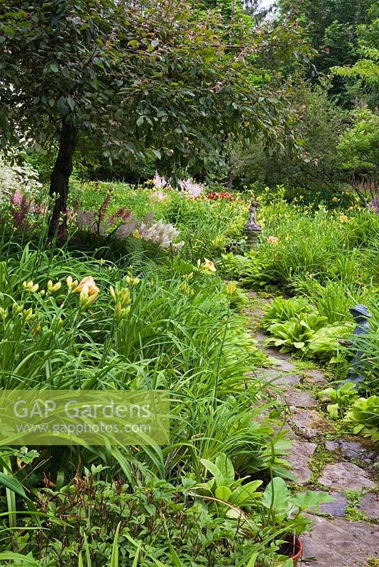 Chemin de dalle et parterres de fleurs avec Hemerocallis jaune - hémérocalle, fleurs roses Astilbe, Malus - pommetier et statuettes dans un jardin privé en été