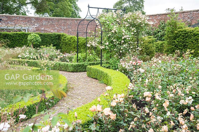Les plates-bandes bordées de fleurs dans le jardin clos conçu par Lesley Cooper contiennent un mélange d'achillea, de verbascum et de Stipa gigantea, avec un cadran solaire au centre et des roses à l'extérieur. Beaminster Manor, Beaminster, Dorset, Royaume-Uni