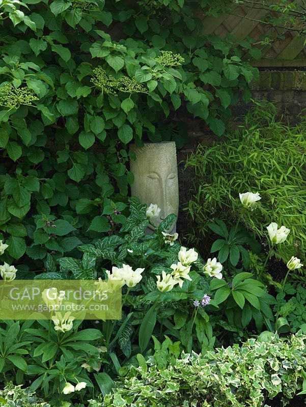 Sculpture en calcaire dans un parterre de fleurs ombragé d'arum, de dicentra, de lamium, de fougère, de lierre, d'hortensia, d'hellébore, de bambou et de tulipa 'Spring Green', sous un vieux pommier dans un jardin clos de 18m x 7m.