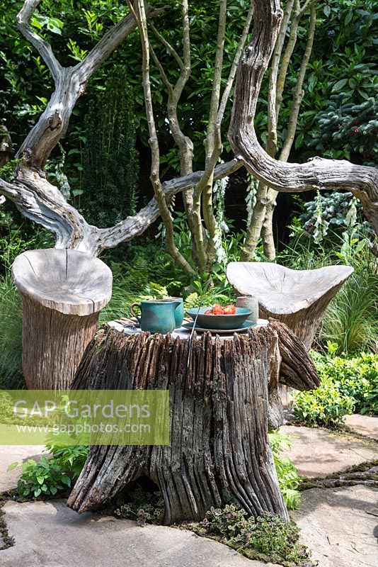Heather Edwards - Table de souche d'arbre avec des chaises en bois sculpté, The Sculptor's Picnic Garden by Walker's Nurseries, RHS Chelsea Flower Show 2015