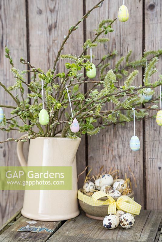 Oeufs décoratifs suspendus au feuillage printanier frais, accompagnés d'un bol d'oeufs de caille
