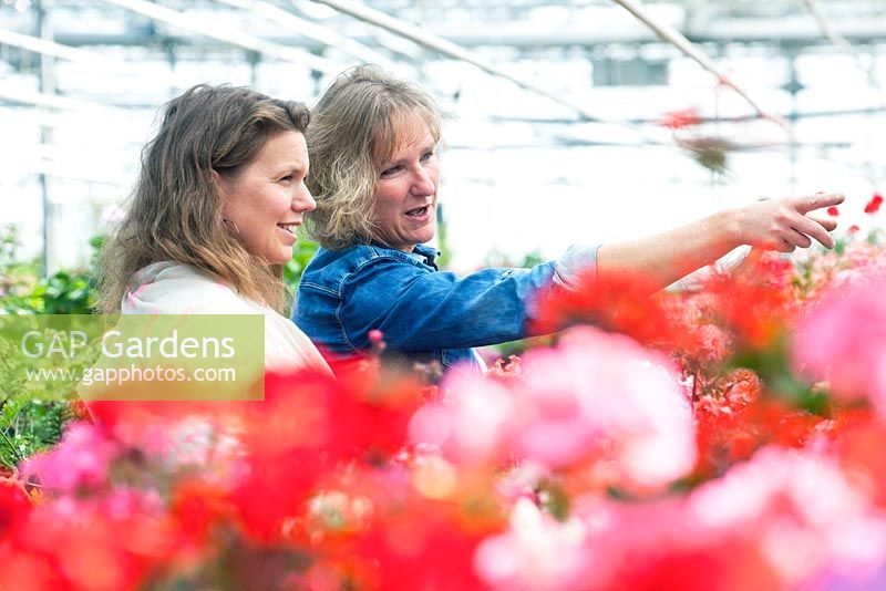 Esther van der Velde partage sa passion avec Katarina Brandt de Ludic Landscapes en visite à la pépinière d'Heerde pour sélectionner des pélargoniums pour son jardin '101 Pelargoniums' au gardenfestival de Chaumont sur Loire.