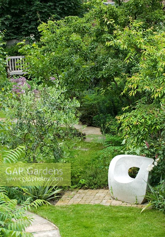 Surplombant le jardin pour asseoir sculpté par l'olivier. Les plantes comprennent Sumach, Olea Europaea, Thalictrum et Alliums au loin. Chaise de jardin en béton moulé par Solid Soul Furniture Designs.