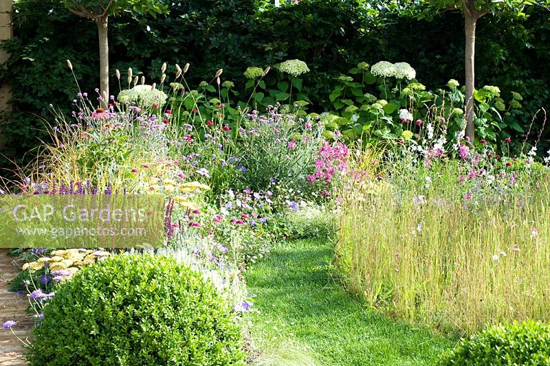 Squire's Garden Centres: Urban Oasis Parterre de fleurs incurvé coloré formel au bord d'une petite prairie herbeuse non fauchée. Haie de charme en arrière-plan. Exposition florale de RHS Hampton Court, 2015