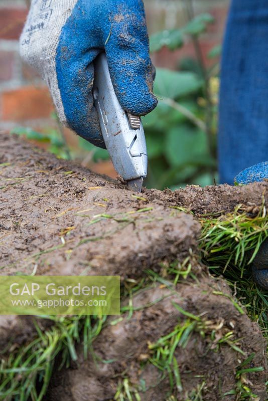 Utiliser un couteau Stanley pour couper tout excès de gazon de jardin - créer un toit vivant pour un chenil