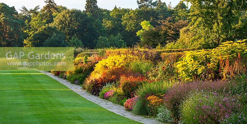 Le célèbre parterre de fleurs mélangé double en septembre qui s'étend sur 128 mètres en bas de la colline. Jardin RHS, Wisley, Surrey
