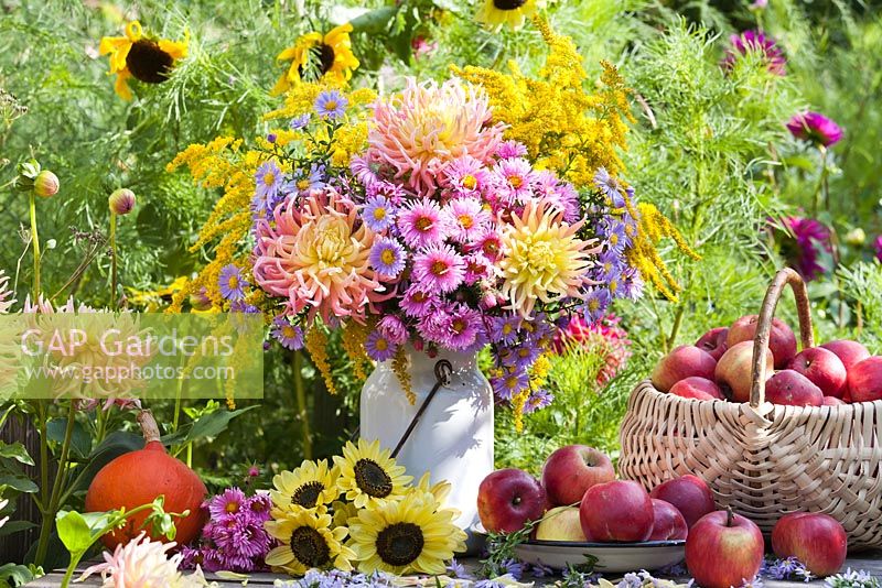 Affichage floral et de récolte d'asters, de dahlias, de tournesols et de pommes.