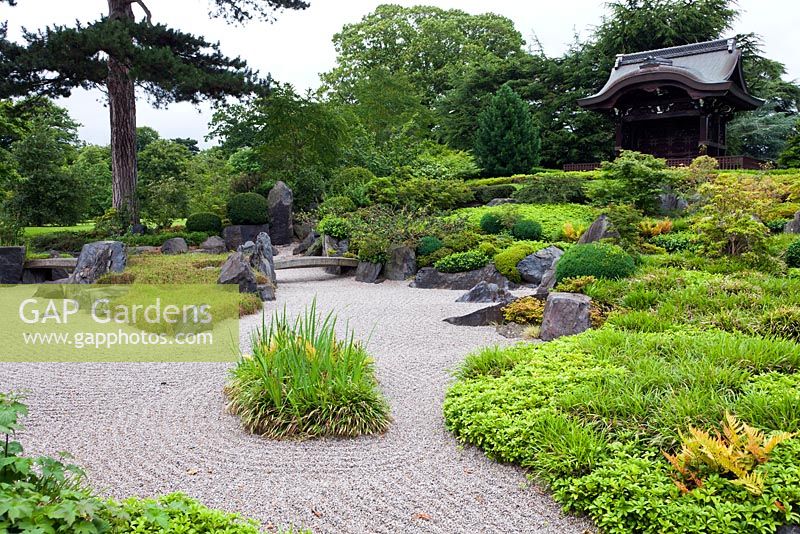 Jardin paysager japonais, jardin d'activités avec gravier ratissé - mi-été - Kew Gardens