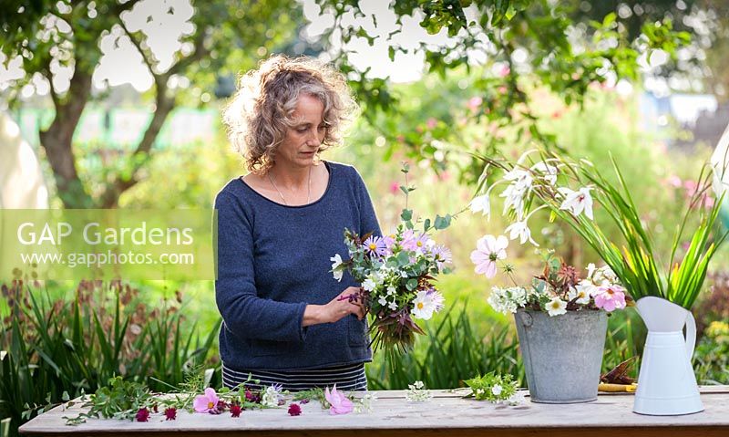 Gabi Reid crée un arrangement floral de son jardin de coupe avec des fleurs à floraison tardive. Septembre.