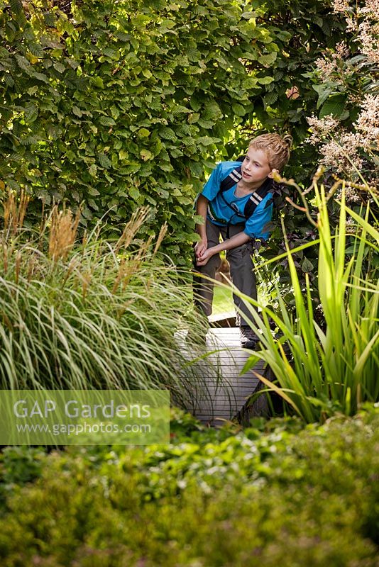 Garçon enquêtant sur le jardin clos. Jardins et Arboretum de Marks Hall