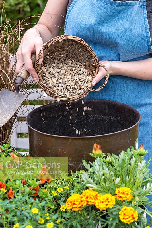 Planter un pot en cuivre avec des plantes de couleur chaude. Ajoutez du gravier au fond du pot pour améliorer le drainage.