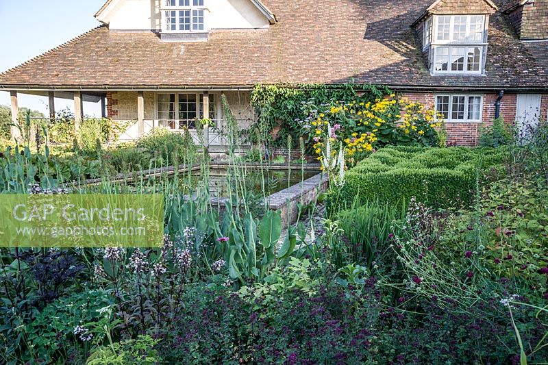 Le Courtyard Garden conçu par Piet Oudolf et John Coke présente un motif en treillis de boîte clippée dans un coin. Bury Court Barn, Bentley, Hants, Royaume-Uni