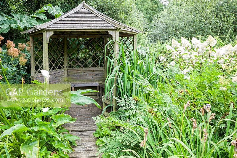 Une promenade mène à travers le jardin des tourbières jusqu'à une maison d'été en bois, entourée de filipendules, de zantedeschhias, de gunnera et d'hortensias. Le Bay Garden, Camolin, Co Wexford, Irlande