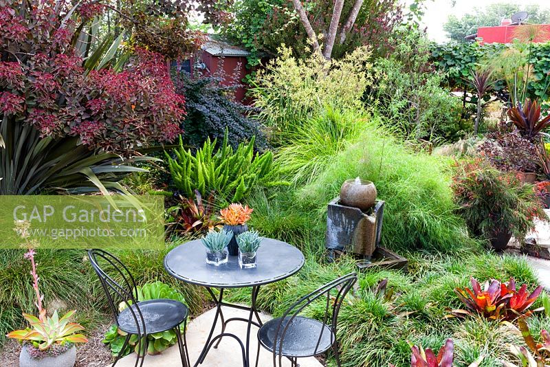 Table et chaises donnant sur des parterres de fleurs mixtes et un plan d'eau contemporain en béton. Jardin de Debora Carl, Encinitas, Californie, USA. Août.