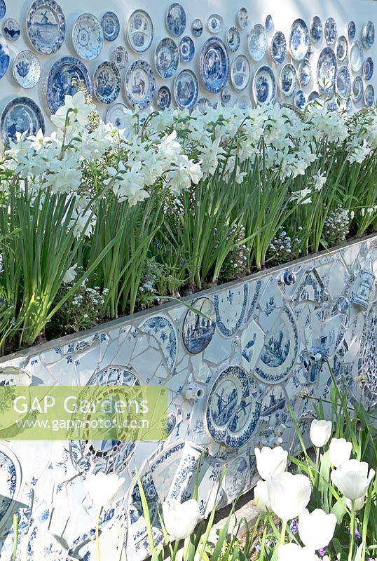 Jardinière remplie de Narcisse blanc et décorée de céramiques Delfts Blue cassées dans le jardin Inspiration: Delfts Blue.