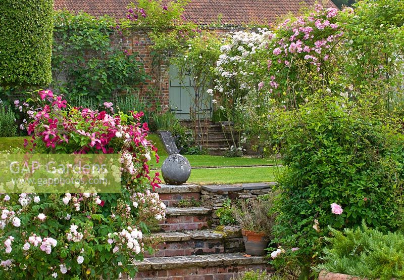 La roseraie fortifiée - marches en briques menant à la pelouse avec des roses - roses sur des pergolas. Poulton House Garden, Wiltshire.