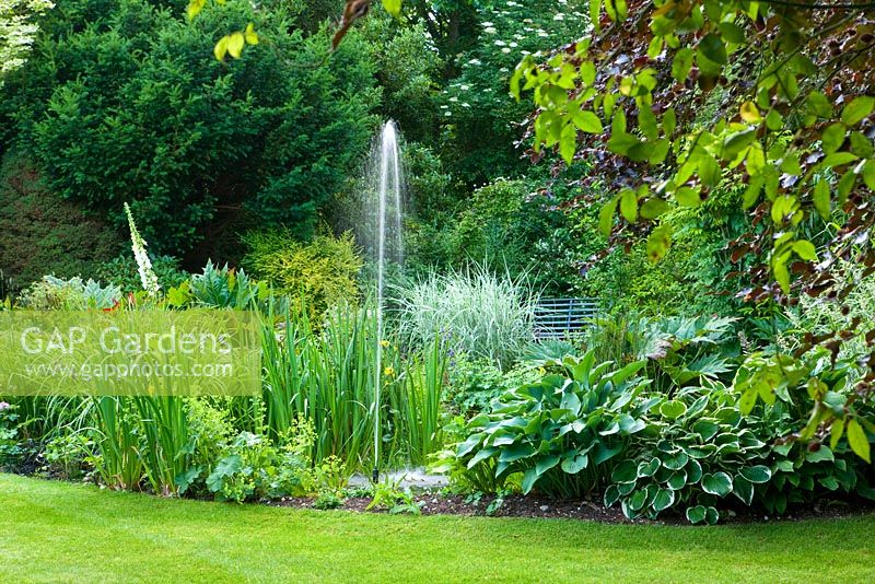 Le jardin des marais avec fontaine à eau et hostas. Poulton House Garden, Wiltshire.