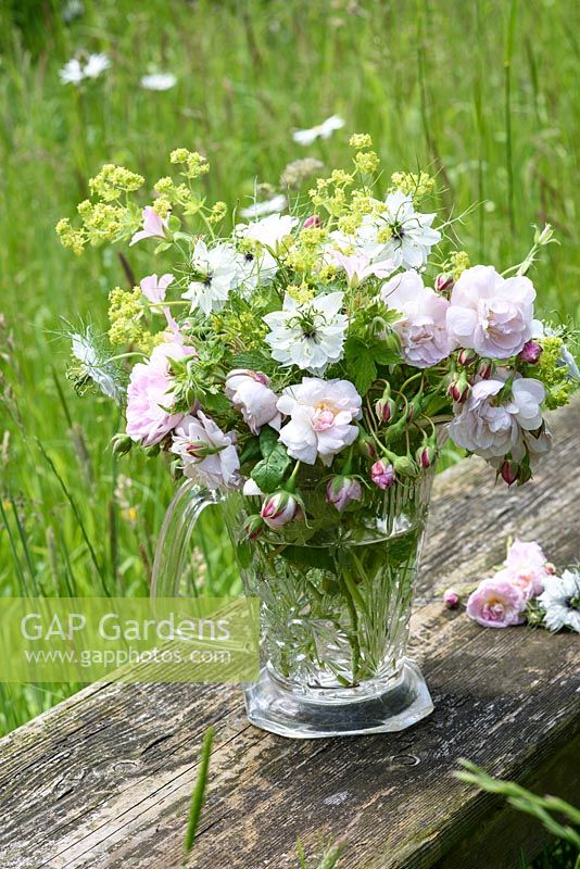 Rosa 'Blush Noisette' avec nigelle et achemilla mollis dans une cruche en verre