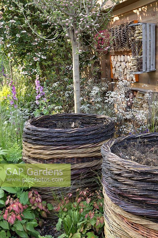 Le jardin RHS Greening Grey Britain avec des bacs à compost en saule tressé, des hôtels à insectes et des digitales. RHS Chelsea Flower Show 2016, Designer: Ann Marie Powell - Parrain: The RHS