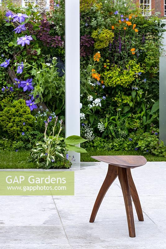 Un tabouret japonais traditionnel devant un mur vivant avec des clématites 'Patensella' dans le Watahan East and West Garden. The RHS Chelsea Flower Show 2016 - Designer: Chihori Shibayama et Yano Tea - Sponsor: Watahan - ARGENT