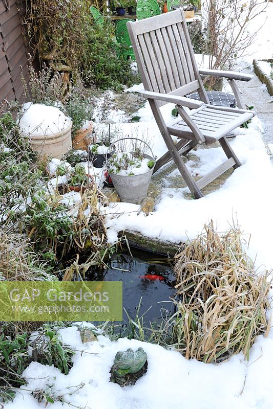 Petit étang de jardin situé dans le patio, avec de la neige et des articles de jardin, Norfolk, UK, décembre