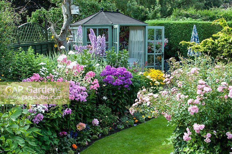 Jardin arrière coloré avec des parterres de fleurs mélangés remplis de plantes annuelles, d'arbustes et de vivaces, dont Rosa 'The Fairy', Delphinium 'Sweet Sensation', Phlox 'Elizabeth'