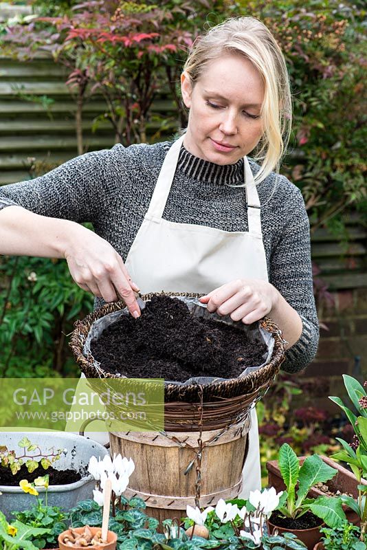 Planter un panier suspendu pour l'hiver et le début du printemps. Ajouter du terreau d'empotage.