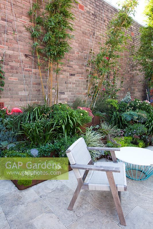 Le petit jardin de la cour comprend une plantation mixte de plantes à feuillage à lanières, de plantes succulentes et de couvre-sol. Au premier plan, des sièges et une petite table. Un hangar à rayures colorées est visible en arrière-plan.