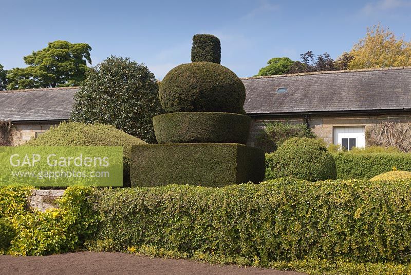 L'avant de Herterton House avec son jardin formel de formes topiaires coupées - juin, Herterton House, Hartington, Northumberland, UK