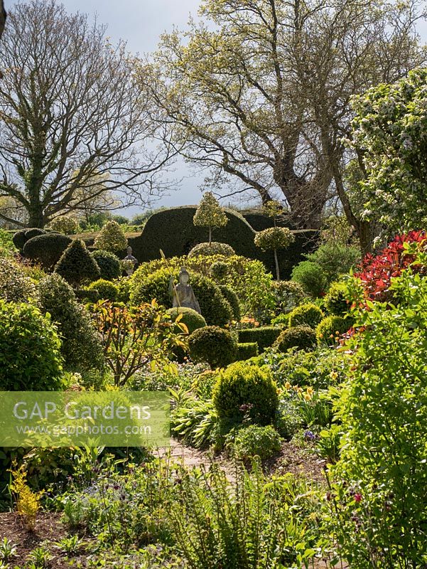 The Laskett Gardens - The Serpentine Walk contient des topiaires de toutes formes et tailles et est entrecoupé de statues et d'art. Les formes dramatiques s'élèvent au-dessus de la plantation dans une fête visuelle de forme et de forme.