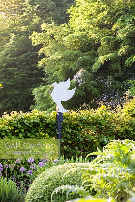 Colombe en contreplaqué dans le jardin Charles. Veddw House Garden, Monmouthshire, Pays de Galles. Mai. Jardin conçu et créé par Anne Wareham et Charles Hawes