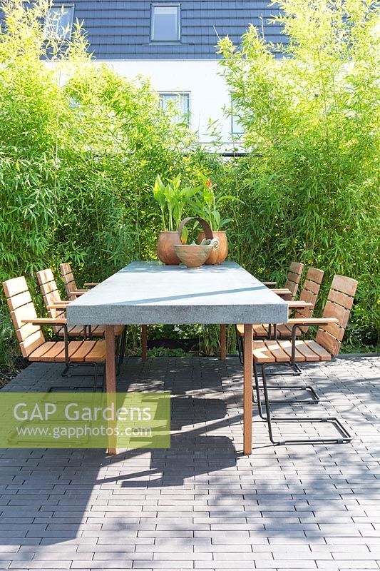 Petit jardin de ville avec terrasse contemporaine, grande table et plantation de bambou
