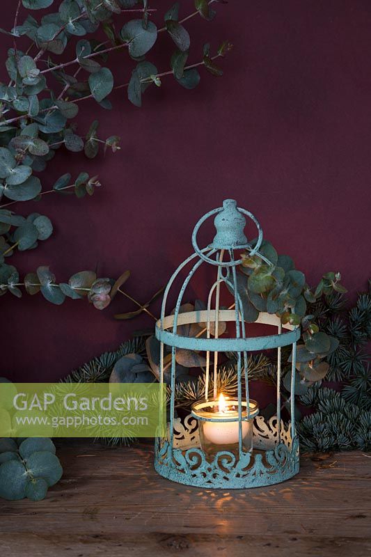 Lanterne de Noël décorative avec des eucalyptus et des pommes de pin